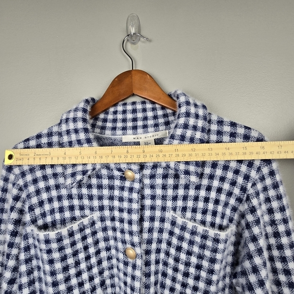 MAX STUDIO Fuzzy Cardigan Sweater Blue White Gingham Womens Size M Old Money - Picture 8 of 11